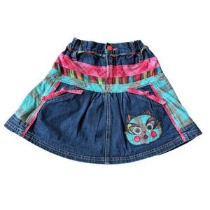 Oilily Girls Denim Skirt Mixed Media Cat Appliqué Size 4T Euro 104